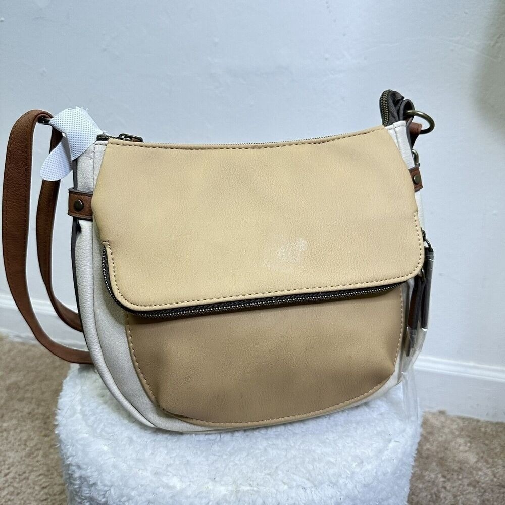Time and Tru Crossbody Bag Womens OS Tan Cream Brown Faux Leather Handbag Boho